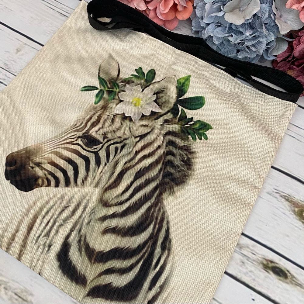Eco-Friendly Folding Zebra with Flowers Tote Bag - Picture 5 of 15